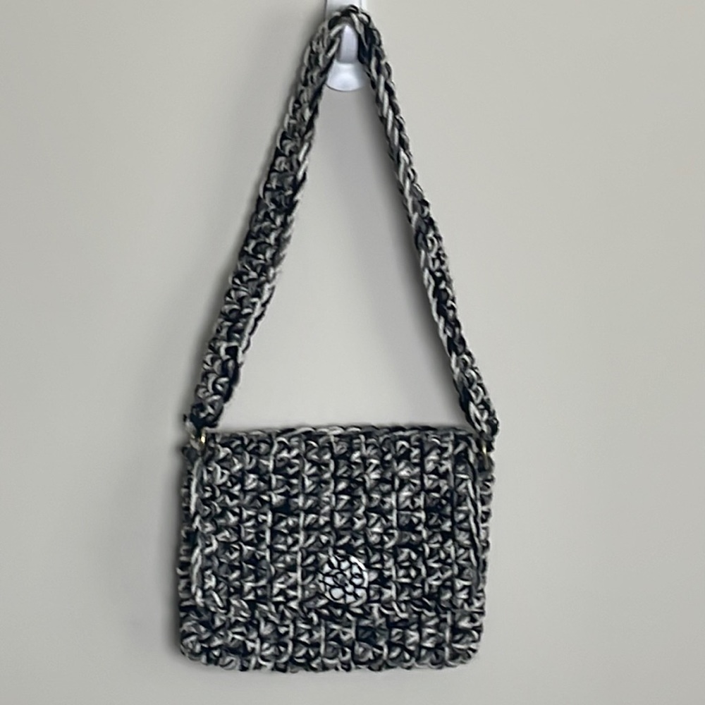 Crochet Black & Gray & White Small Shoulder Bag- magnetic closure- New Handmade